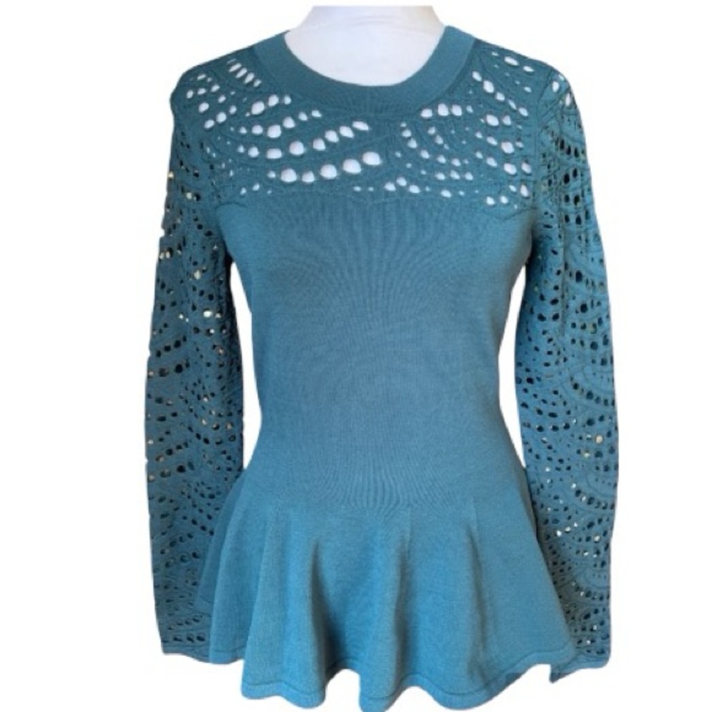 MILLY Crewneck Pointedly Lace Peplum Fit and Flare Teal Top